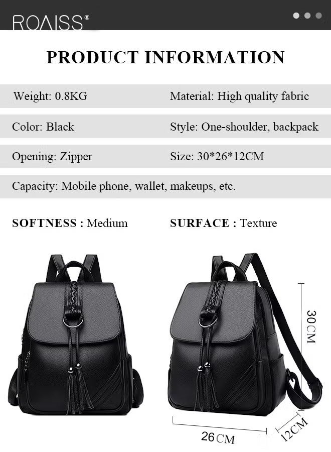 roaiss Ladies Fashion PU Leather Backpack Tassel Decor Flap Textured Knapsack Leisure Large Schoolbag Soild Travel Commute New Double Shoulder Bag for Womens College Girls Students Black - Image 3